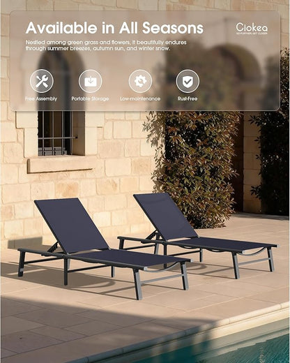 Ciokea Foldable Outdoor Lounge Chair, No Assembly Patio Chaise Lounge Outdoor with 5-Positions, Aluminum Pool Lounge Chair with Portable Design for Pool, Beach, Deck, Backyard, Navy Blue