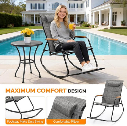 VINGLI Outdoor Rocking Chair, 450lbs Capacity Portable Outdoor Rocker with Footrest, Hard Armrests, Pillow, All Weather Porch Rocker for Garden, Living Room, Patio, Lawn (Black&Gray, with footrest)