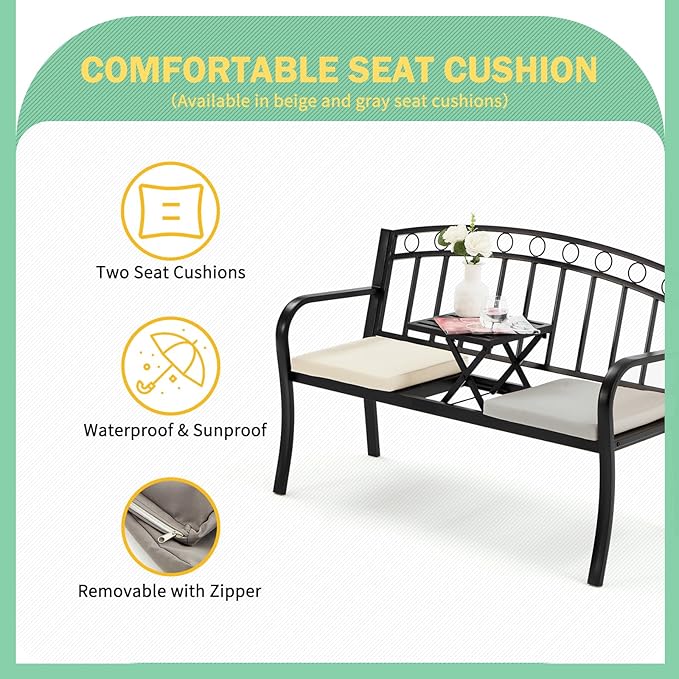 AVAWING Outdoor Metal Garden Bench, 2-Seat Patio Porch Bench with Steel Frame - Photo 4