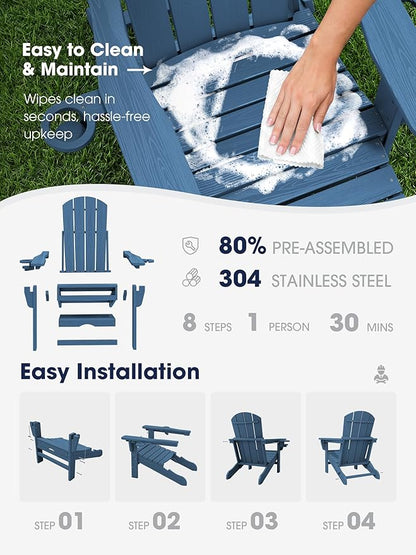 KINGYES Folding Adjustable Adirondack Chair with Retractable Ottoman, HDPE Recliner Adirondack Chair with Cup Holder, Blue