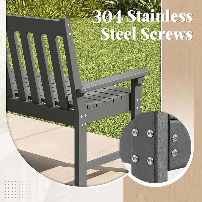 RELAX4LIFE 2-Person Patio Outdoor Bench - 52’’ All-Weather HDPE Garden Bench with Armrests & Slatted Backrest, Patio Bench for Front Porch Park Poolside Backyard, 705 LBS Weight Capacity (Grey)