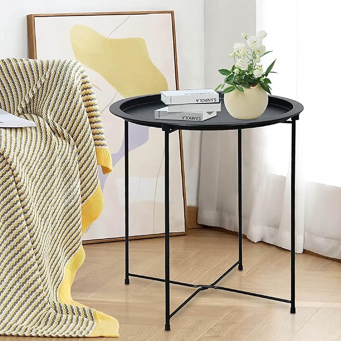 Garden 4 you End Table 2 PCS Metal Side Table Black Round Folding Tray Cyan Sofa Small Accent Fold-able Table - Photo 2