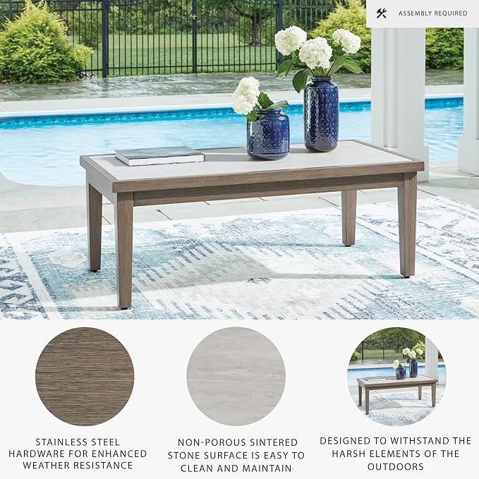 Signature Design by Ashley Rainier Ranch Contemporary Weather Resistant Outdoor Coffee Table with Sintered Stone Top, Light Brown & Beige