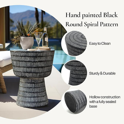 LuxenHome Outdoor Accent Side Table, 15'' Black Round Spiral Pattern End Table, Indoor Outdoor Coffee Furniture for Patio, Living Room, Backyard,Garden Stool and Plant Stand