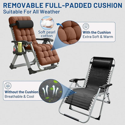 Oversized Zero Gravity Chair, XL Lounge Chair 29” Width, Padded Recliner Chair W/Removable Cushion & Adj Headrest, Storage Bag, Footrest Cushion, Cup Holder, for Indoor Outdoor, Brown