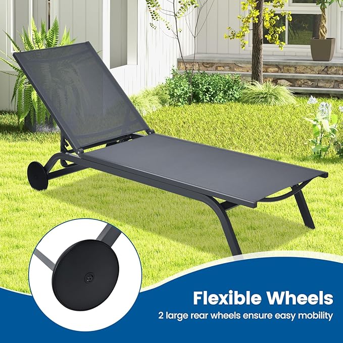 COSTWAY 2 PCS Outdoor Patio Chaise Lounge, 6-Position Adjustable Pool Lounger with Stable Aluminum Frame, Portable Sun Bathing Lounge Chair on Wheels for Backyard Garden, Grey