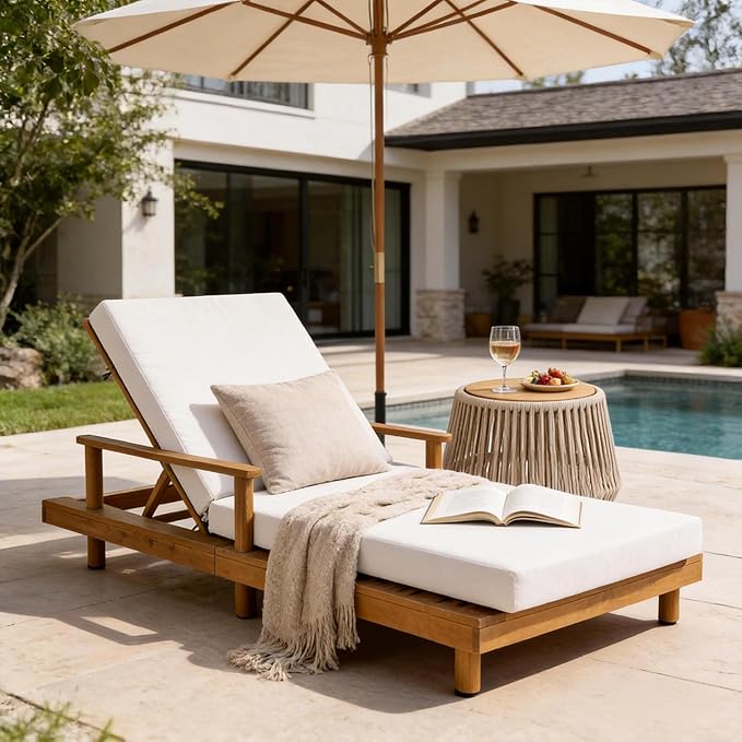 Christopher Knight Home Tuki Acacia Wood Chaise Lounge Chair Outdoor, Poolside Sun Lounger Recliner, Patio Outdoor Chaise Lounge with Cushions, Adjustable Backrest Single Lounge Sofa, Cream+Teak