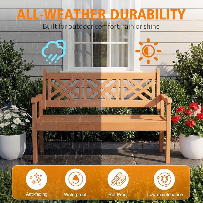 Psilvam 54''W All-Weather Poly Lumber Outdoor Bench, 3-Person Garden Bench with Decorative Backrest & Curved Armrests, Anti-Rot & Fade-Free Patio Bench for Porch, Backyard(Teak Color)