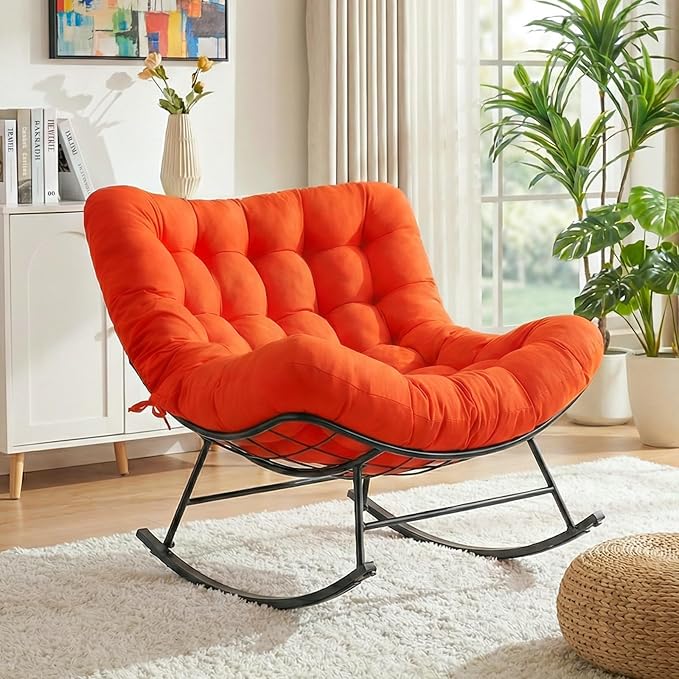 Cushioned Papasan Rocking Chair for Outdoor Indoor, Oversized Outdoor Rocking Chair with Cushion, Egg Rocker for Patio, Porch, Balcony, Lawn, Bedroom, Living Room, Red-Orange