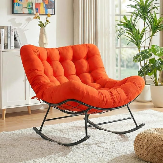 Cushioned Papasan Rocking Chair for Outdoor Indoor, Oversized Outdoor Rocking Chair with Cushion, Egg Rocker for Patio, Porch, Balcony, Lawn, Bedroom, Living Room, Red-Orange