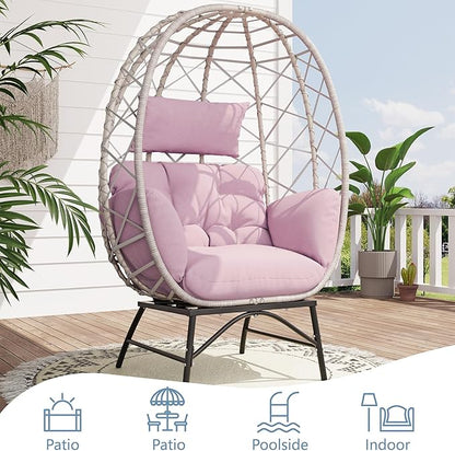 SWITTE Wicker Egg Chair Outdoor, Oversized Patio Lounge Chairs with Cushion for Indoor Living Room, Bedroom, Outside Backyard Balcony-Pink