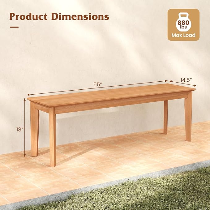 Tangkula 55" Teak Wood Outdoor Bench, 3-Person Backless Patio Dining Bench with 880 LBS Weight Capacity, Outdoor Patio Bench Seat for Garden, Front Porch and Backyard