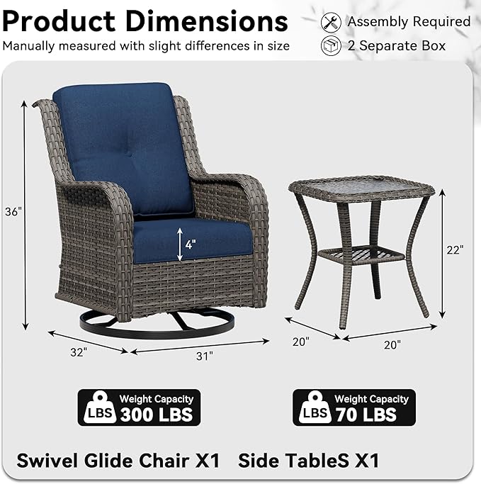 2 Pieces Outdoor Swivel Rocker Patio Chairs Set - Outdoor Wicker Patio Furniture Sets with 1 Side Table - Photo 2
