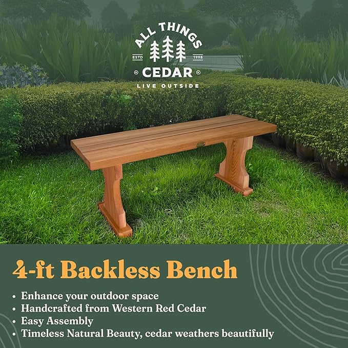 All Things Cedar BB45 Cedar Backless Bench | 4ft Wood Bench Indoor & Outdoor | Handcrafted with Western Red Cedar | Perfect for Patio, Garden, Picnic & Poolside | 45x14x17