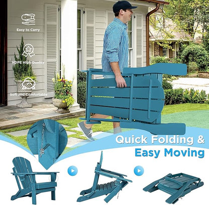 nalone Folding Adirondack Chairs Set of 2 with Cushion with Cup Holder, HDPE Plastic Oversized Patio Chair Weather Resistant, Used in Outdoor, Fire Pit, Deck, Garden, Campfire Chairs (Blue)