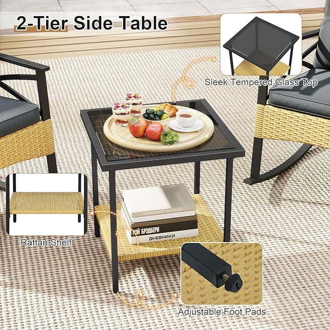 Tangkula 3 Pieces Outdoor Rocking Chairs Set, Rattan Heavy Duty Cushioned Rocker Chairs with 2-Tier Tempered Glass Coffee Table, for Garden, Balcony, Backyard (Yellow+Gray)