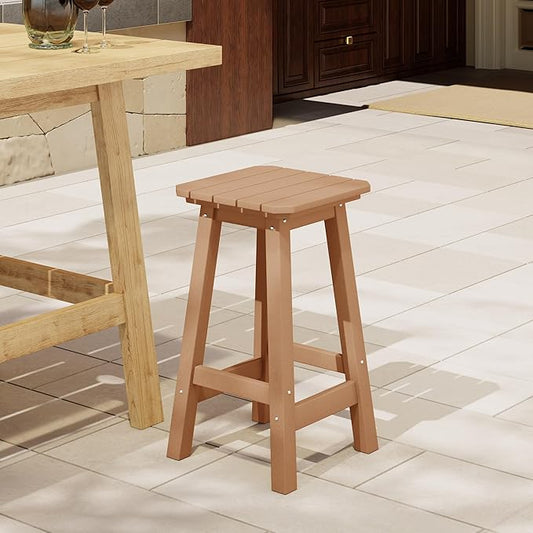 Costaelm 24" Height Outdoor Bar Stools, All-Weather Bar Stools, Adirondack Poly Patio Square Bar Stool for Patio, Deck, Kitchen Counter and Garden, Teak
