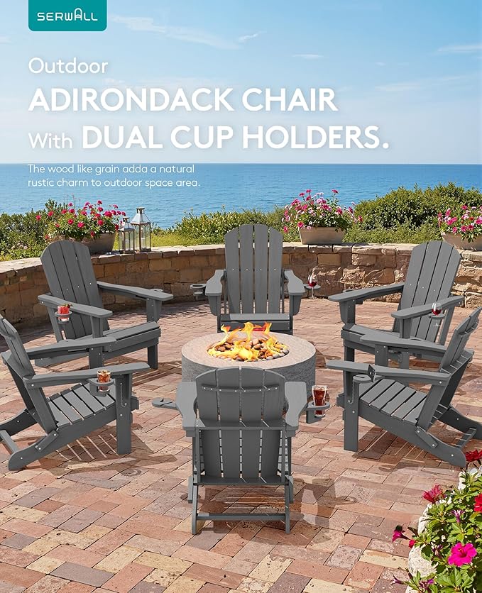 SERWALL Folding Adirondack Chair, Dual Cup Holders & All-Weather HDPE, Wood-Like Patio Chair for Backyard - Photo 5