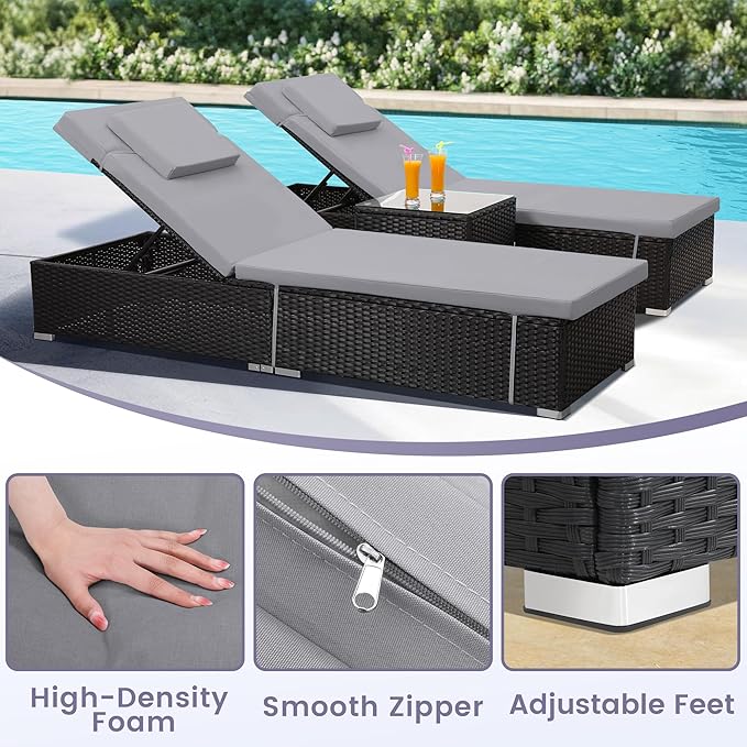 Outdoor Chaise Lounge Chairs, All-Weather Wicker Pool Lounge Chair Set of 2 with Side Table - Photo 4