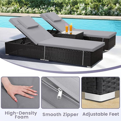 Outdoor Chaise Lounge Chairs, All-Weather Wicker Pool Lounge Chair Set of 2 with Side Table, Adjustable Backrest & Washable Cushions for Patio, Poolside, Beach, Light Grey