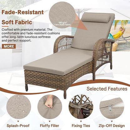 HOMEDIARY 2-Piece Outdoor Wicker Lounge Chairs with Cushion, Rattan Patio Chaise Loungers with 6-Level Backrest, All Weather Lay Flat Pool Sunbathing Recliner Chair, Armrest and Head Pillow, Beige