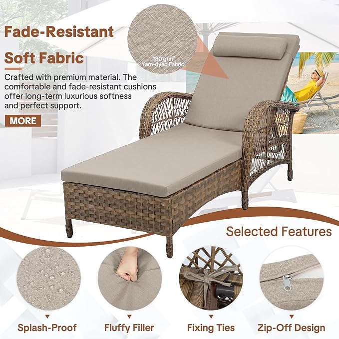 HOMEDIARY 3-Piece Outdoor Wicker Lounge Chair Set, Patio Chaise Loungers Set of 2 w/Side Table - Photo 5