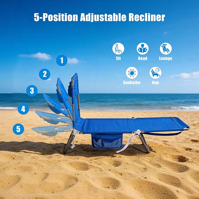 SUNNYFEEL Beach Lounge Chair, Backpack Reclining Beach Chairs Lay Flat, Sun Face Down Tanning Chair, Folding Camping Chairs Portable Camp Cot with Backpack Straps for Outdoor/Picnic/Lawn