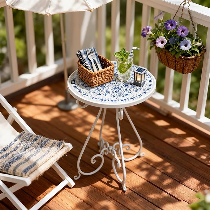 Outdoor Side Table & Mosaic Plant Stand, 14" Ceramic Tile Top Round End Table Accent Table, Indoor Outdoor Coffee Tea Table for Yard Porch Garden Patio Living Room Bedroom (Blue, 14 Inch)