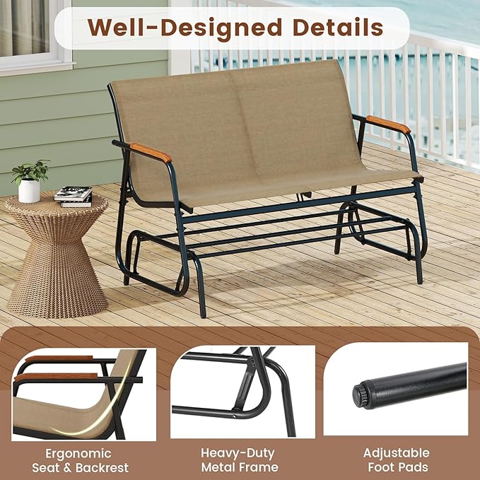 Giantex Patio Glider Bench, 2-Person Swing Gliding Loveseat with Curved Teak Armrests, Fabric Seat, Metal Frame - Photo 4