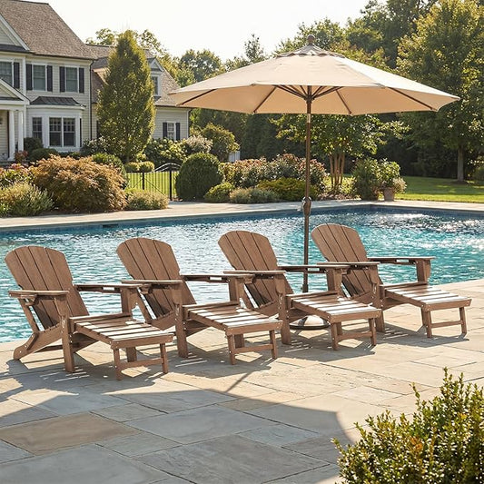 LOUNZY Folding Adjustable Adirondack Chair with Footrest Set of 4,HDPE Recliner Adirondack Chair with Cup Holder for Deck Lawn Fire Pit, Brown
