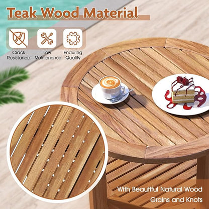 Tangkula Outdoor Round Side Table, 19.5 Inches Teak Wood Patio Table with Slatted Tabletop & Storage Shelf, 2-Tier Heavy Duty Small End Table for Backyard, Porch, Deck, Yard, Garden, Natural