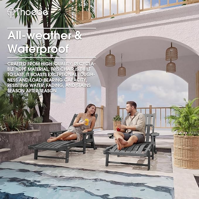 THOEOE Patio Chaise Lounge Chair Set of 2, Oversized Lounge Chair Outdoor with 5 Positions, HDPE, Patio Lounge Chair with Wheels & Cup Holder for Pool, Deck, Poolside,Grey