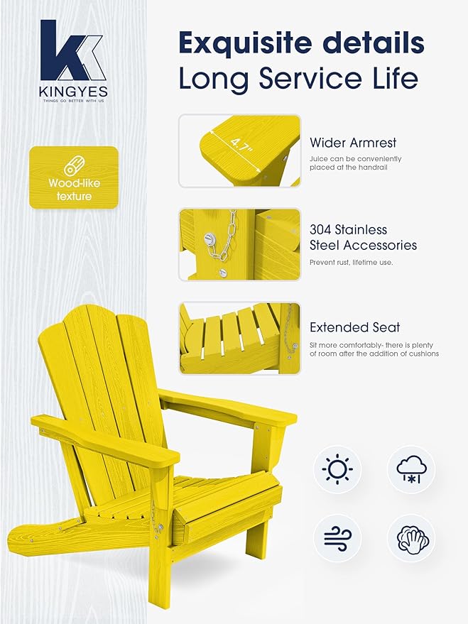KINGYES Folding Adirondack Chair, HDPE All-Weather Patio Chairs, Wooden Textured Lawn Chair for Poolside, Backyard, Deck, Fire Pit, Yellow