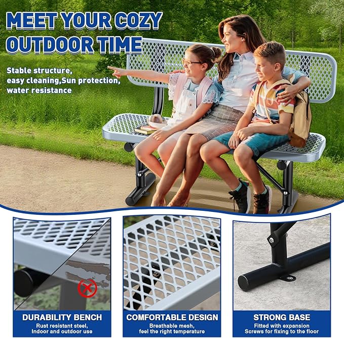 Heavy Duty Park Bench for Outside, Metal Park Bench with Back Portable Frame, Outdoor Steel Mesh Garden Bench with Backrest for Garden, Lawn, Patio, Porch, Park, Yard (Grey, 4FT/50INCH)