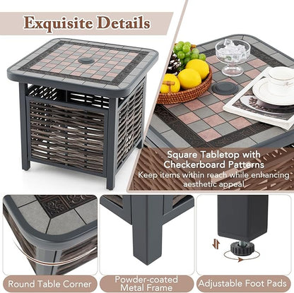 Tangkula 21.5 Inches Outdoor PE Rattan Side Table, All Weather Patio Square End Table with Resin Tabletop, Umbrella Hole, Metal Frame, Outdoor Coffee Table for Garden, Backyard, Balcony, Poolside