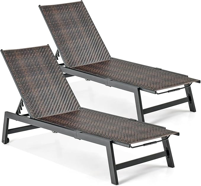 Giantex Patio Chaise Lounge Chair - Outdoor PE Rattan Recliner Chair with Wheels, 5-Position Adjustable Backrest, Steel Frame, Wicker Tanning Chair for Deck, Poolside, Yard, Beach Sunbathing Chair(2)