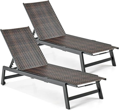 Giantex Patio Chaise Lounge Chair - Outdoor PE Rattan Recliner Chair with Wheels, 5-Position Adjustable Backrest, Steel Frame, Wicker Tanning Chair for Deck, Poolside, Yard, Beach Sunbathing Chair(2)