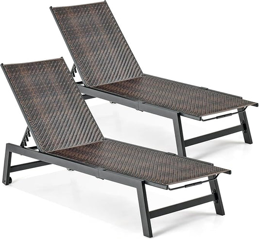 Giantex Patio Chaise Lounge Chair - Outdoor PE Rattan Recliner Chair with Wheels, 5-Position Adjustable Backrest, Steel Frame, Wicker Tanning Chair for Deck, Poolside, Yard, Beach Sunbathing Chair(2)