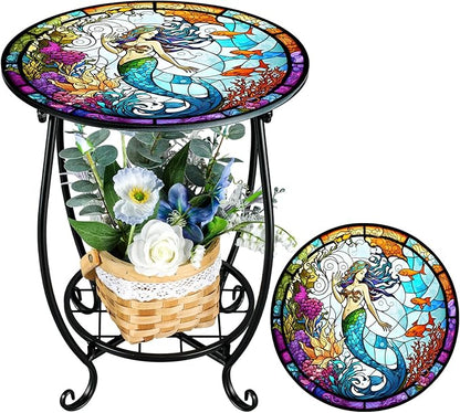 Outdoor Side Table Round Small Mosaic Patio Accent Indoor End Plant Coffee Tea Table for Yard Patio Porch Garden Living Room, Bedroom(Mermaid Style,14 Inch)