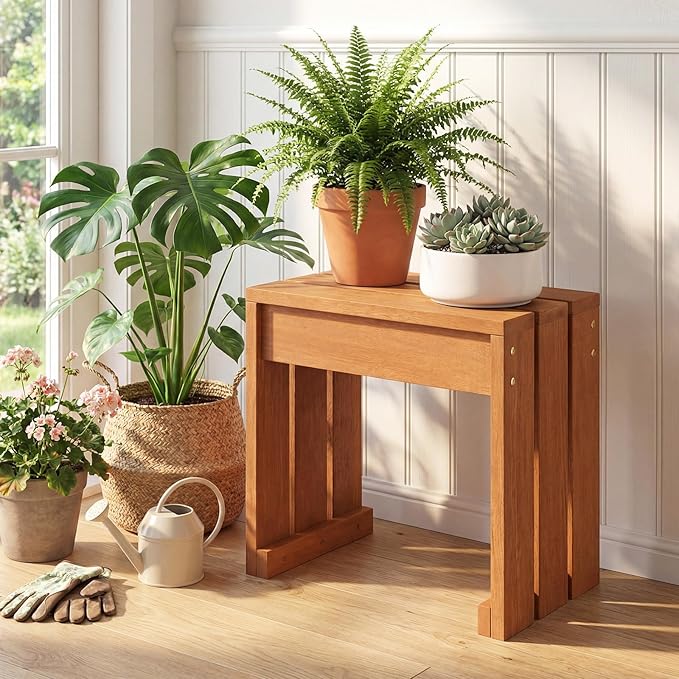 Tangkula Small Wood Outdoor Bench Set of 2, Patio Backless Bench with Solid Wooden Frame, Compact Side Table & Plant Stand with 242 LBS Weight Capacity, Bench for Backyard, Porch, Entryway, Garden