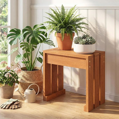 Tangkula Small Wood Outdoor Bench, Patio Backless Bench with Solid Wooden Frame, Compact Side Table & Plant Stand with 242 LBS Weight Capacity, Bench for Backyard, Porch, Entryway, Garden