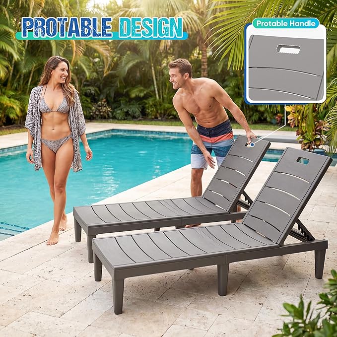 Greesum Outdoor Chaise Lounge Chair Set of 2, Waterproof 5-Position Adjustable PP Sun Loungers for Patio, Poolside, and Beach Sunbathing, Light Coffee