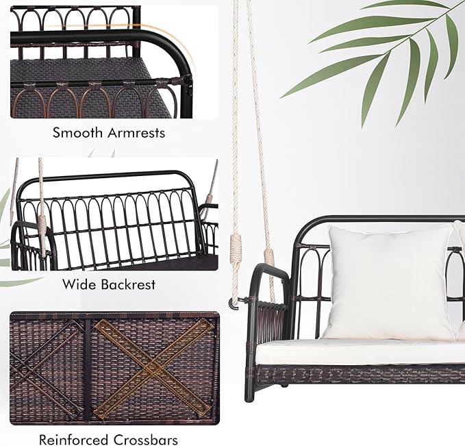 HAPPYGRILL Wicker Porch Swing, 2-Person Outdoor Patio Hanging Chair with Cushions, Metal Frame - Photo 5