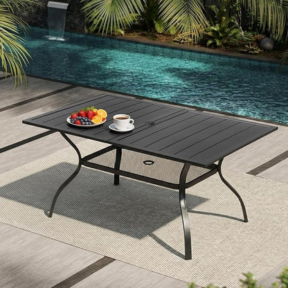 VINGLI 59" Rectangle Patio Table for 6, Metal Outdoor Dining Table with Umbrella Hole, All-Weather Steel Patio Dining Table Outdoor Table for Lawn, Garden, Backyard, Black (L59 xW35)