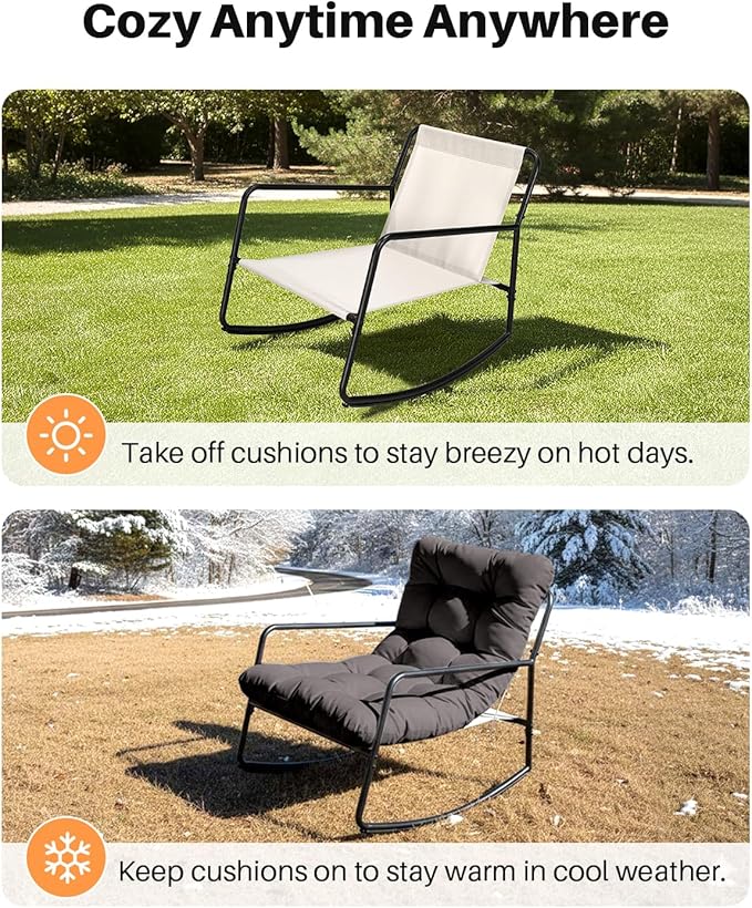 3 Pieces Outdoor Conversation Set, Metal Patio Bistro Set with 2 Outdoor Rocking Chairs and Side Table, Patio Furniture Set with Cushions for Apartment, Porch, Balcony, Poolside, Dark Grey