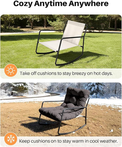 3 Pieces Outdoor Conversation Set, Metal Patio Bistro Set with 2 Outdoor Rocking Chairs and Side Table, Patio Furniture Set with Cushions for Apartment, Porch, Balcony, Poolside, Dark Grey