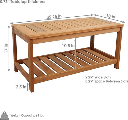 Sunnydaze Meranti Wood Outdoor Coffee Table with Storage Shelf for Living Room, Patio, or Outside – 35-Inch Rectangular Wooden Coffee Table – Ideal for Backyard Living – Teak Finish