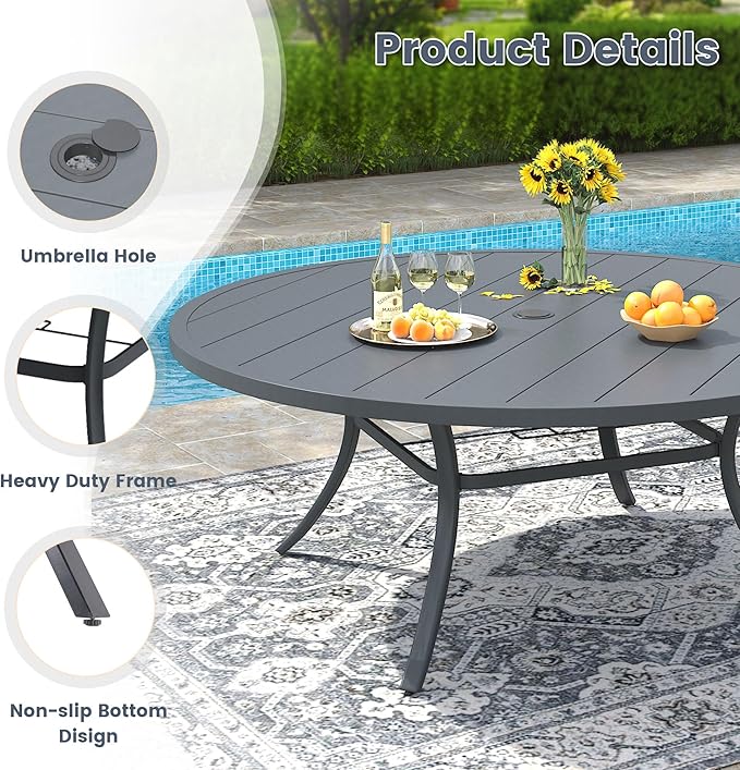 VICLLAX 60" Outdoor Round Patio Dining Table for 8-10, All Weather Metal Dining Table with Umbrella Hole for Deck Lawn Garden Backyard, Dark Grey