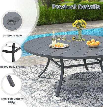 VICLLAX 60" Outdoor Round Patio Dining Table for 8-10, All Weather Metal Dining Table with Umbrella Hole for Deck Lawn Garden Backyard, Dark Grey