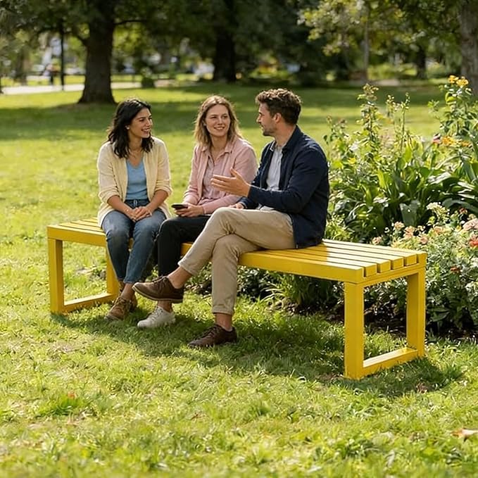 Outdoor Metal Backless Bench 3.3/3.9/4.9/5.9ft Weatherproof Heavy Duty Patio Benches Porch Seating 2-Person Dining Benches Garden Metal Bench Multifunctional Slat Furniture Chair(Yellow,3.3ft)